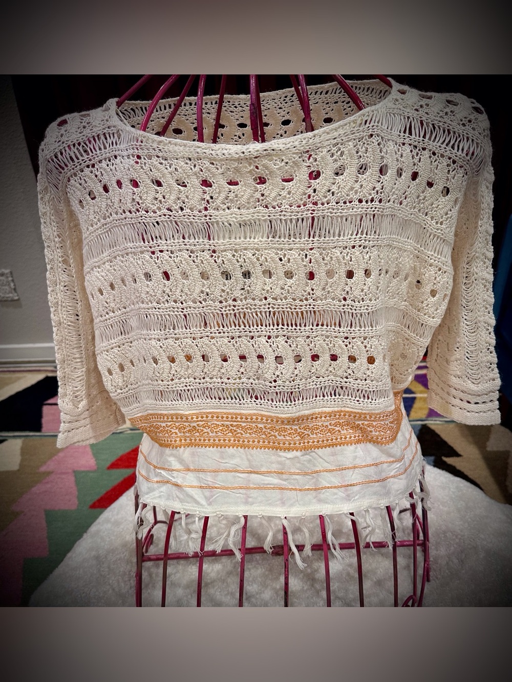Free People Cream Crochet Boho top with tassel Trim